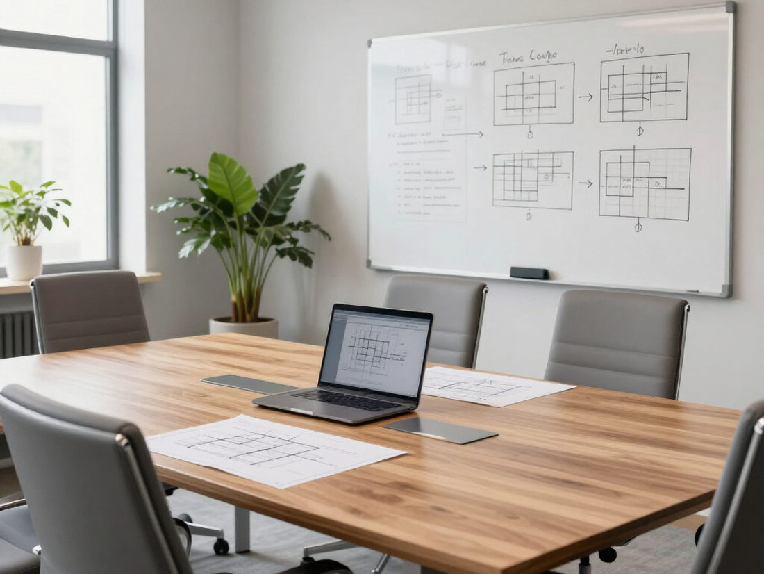 Meeting room with a whiteboard and laptop